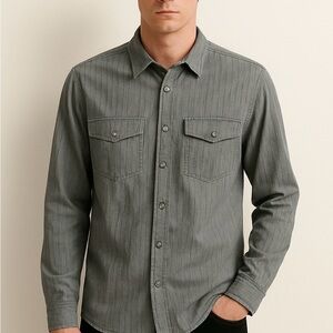 prAna Mens Hollis Shirt Organic Cotton Snap Front Gray Stripe Western L